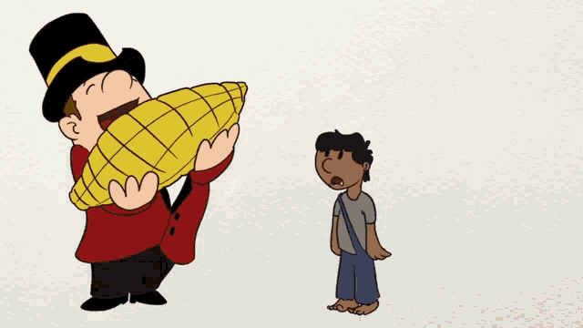 a cartoon of a man in a top hat holding a corn cob