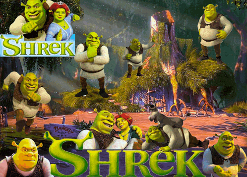 a poster for shrek with a bunch of shrek characters on it