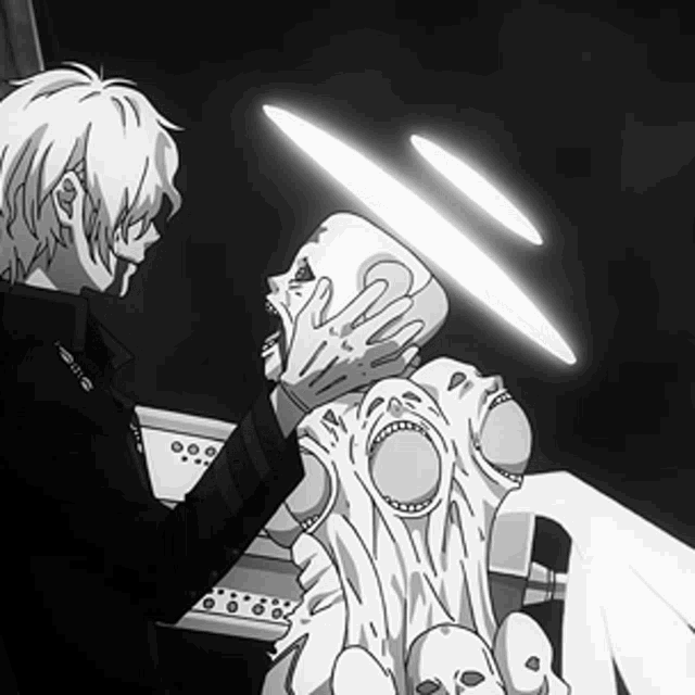 a black and white drawing of a man holding a skeleton