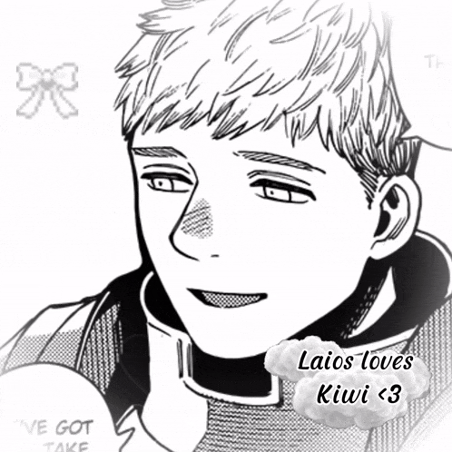 a black and white drawing of a man with the words laios loves kiwi < 3 below him