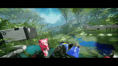 a video game is being played with a pink cat on the screen