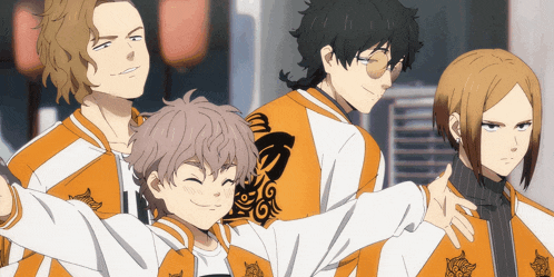 a group of anime characters wearing orange and white jackets with a tiger on the back