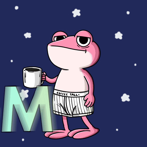 a pink frog drinking a cup of coffee with the letter gm in the background