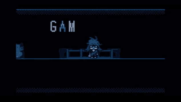 a pixel art of a person standing in a dark room with the word gam written on the screen .