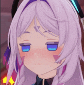 a girl with purple hair and blue eyes is making a funny face