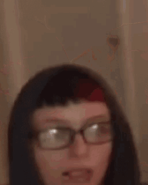 a blurry picture of a woman wearing glasses and red hair