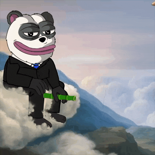 a cartoon of a panda bear sitting on a cloud holding a green object