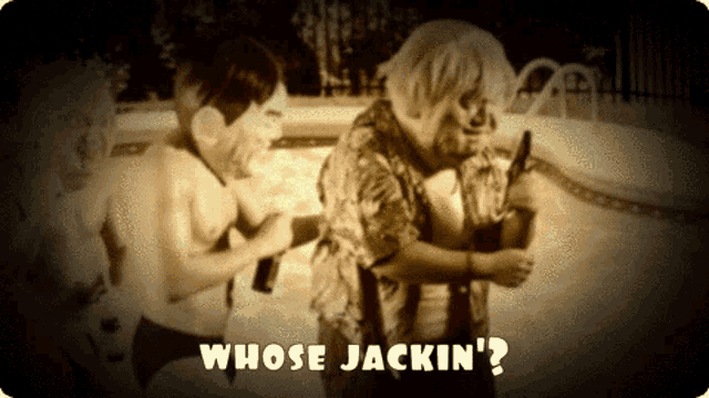 a man and a woman are standing next to each other with the words whose jackin ' on the bottom