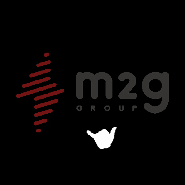 a m2g group logo with a hand pointing at it