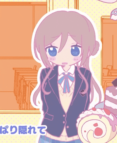 a girl in a school uniform is holding a cake in front of a classroom