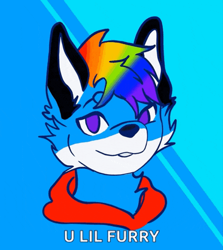 a drawing of a fox with a rainbow hair and the words " u lil furry " on the bottom