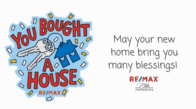 a greeting card that says " you bought a house " and " may your new home bring you many blessings "