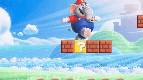 a mario elephant is jumping over a brick with a question mark on it