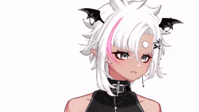 a girl with white hair and bat ears is wearing a black choker
