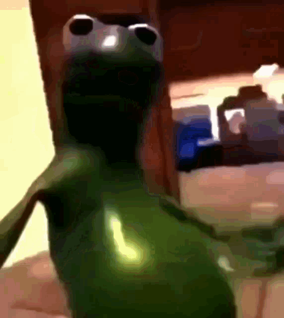 a close up of a kermit the frog 's face with a blurry background