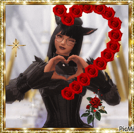 a picture of a woman making a heart shape with her hands with roses around her