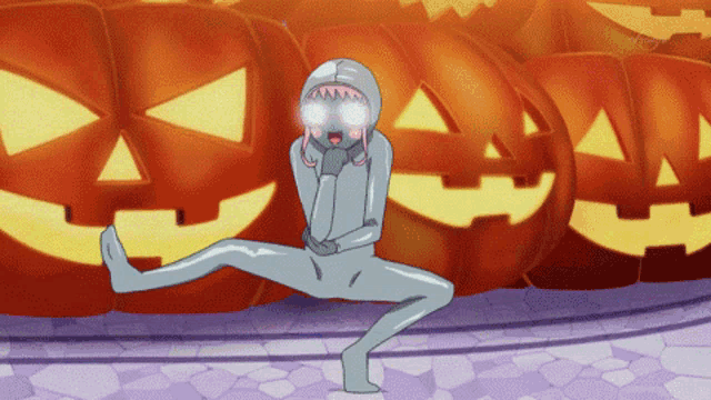 a cartoon of a person standing in front of pumpkins with tokyo tv on the bottom left