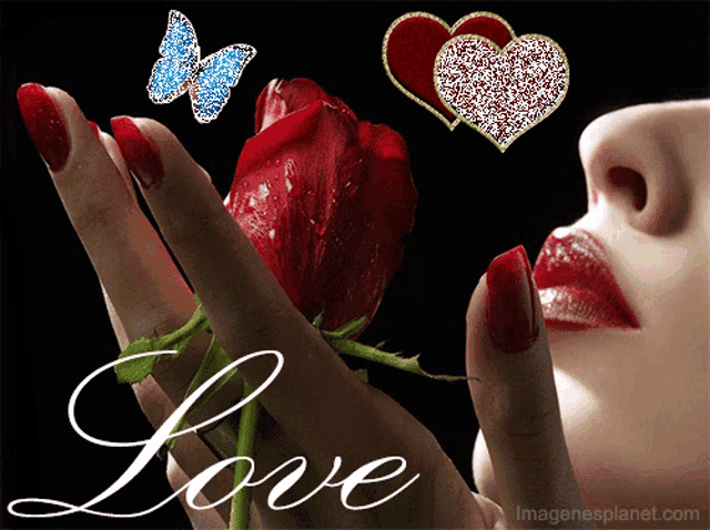 a woman holding a red rose with the word love on the bottom left