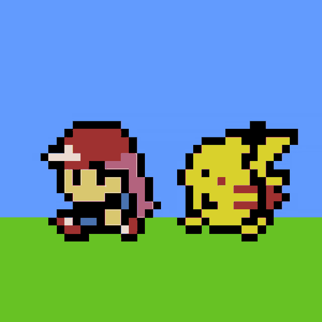 a pixel art of a man and a pikachu standing next to each other