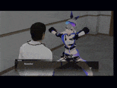 a man is talking to a girl in a video game and the girl is wearing a costume that says ' nunancha '