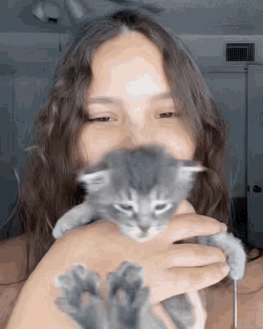 a woman is holding a kitten in her arms and smiling .