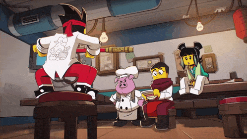 a group of lego characters are sitting at tables in a room