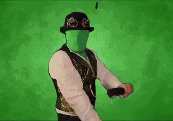 a man with a green face is wearing a hat and a vest .