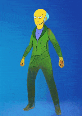 a cartoon character wearing a green suit and yellow face