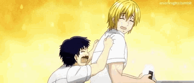 two anime characters are hugging each other and one of them is holding the other 's back .