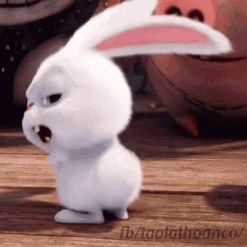 a cartoon rabbit is standing on a wooden floor with its mouth open .