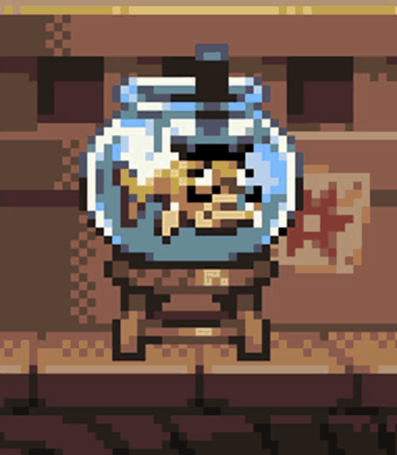 a pixel art drawing of a fish in a jar with a red star on the wall behind it