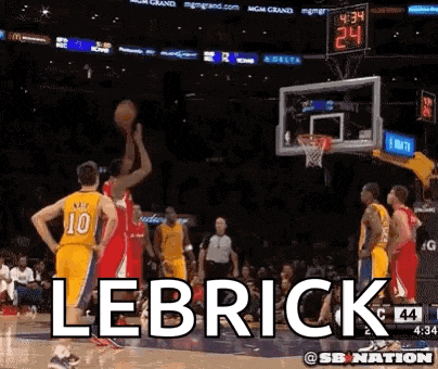 a basketball player is jumping in the air to catch a basketball and the word lebrick is written on the screen .