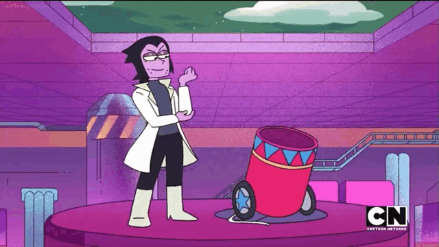 a cartoon character from cartoon network is standing next to a red bucket