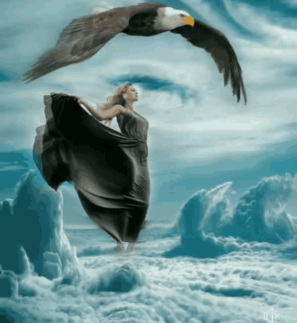 a woman in a black dress stands in the clouds with an eagle flying above her