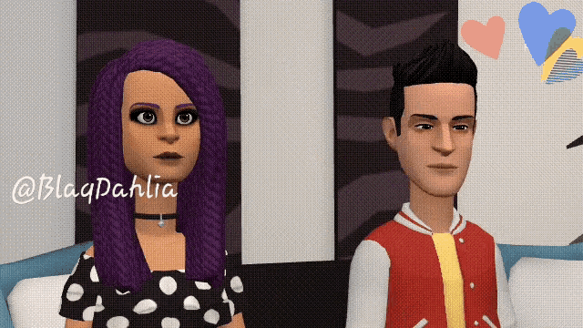 a girl with purple hair is standing next to a man