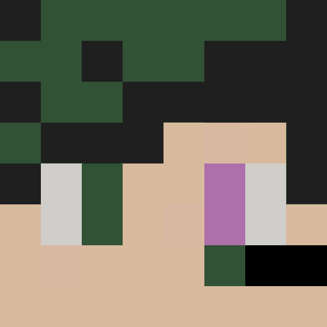 a close up of a person 's face in minecraft with a green , purple , and white block .
