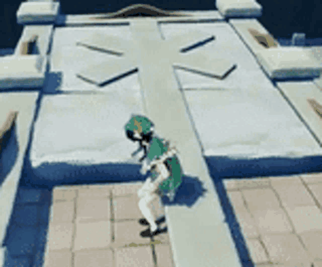 a person in a green outfit is standing in front of a large white cross .