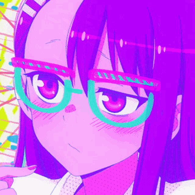 a close up of a girl wearing glasses with a pink background