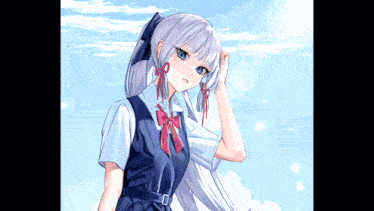 a girl with long white hair is wearing a school uniform and a red bow