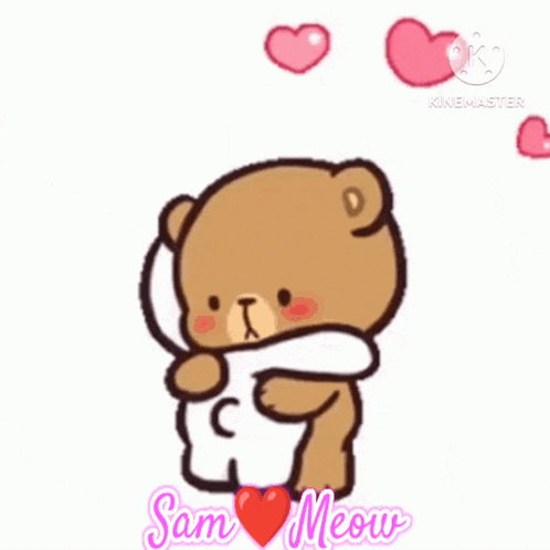 a couple of teddy bears hugging each other with hearts around them