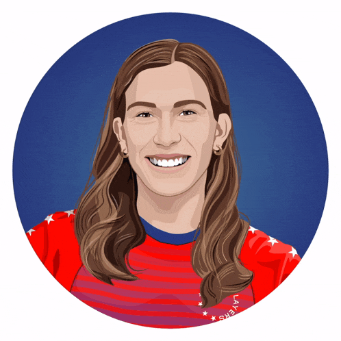 a cartoon drawing of a woman wearing a red and blue striped shirt with stars on it
