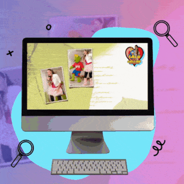 a computer monitor with a picture of a girl and a teddy bear on the screen and a logo that says lady superhero