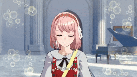 a girl with pink hair says " oh you 're up " in front of a piano