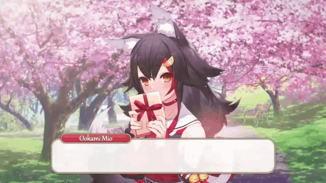 a girl in a kimono is holding a gift in front of cherry blossom trees and says ookami mio