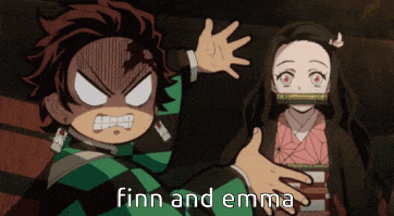 a picture of finn and emma with a cartoon character