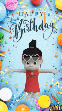 a birthday card with a doll wearing heart shaped sunglasses and the words happy birthday