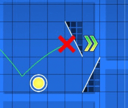 a blue grid with a green line and a red x on it