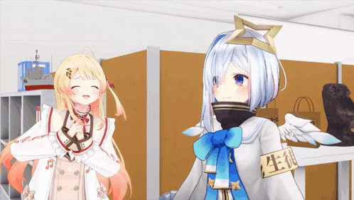 two anime girls are standing next to each other with one wearing a badge that says ' 生 徒 ' on it
