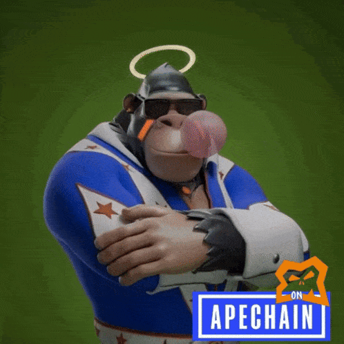 a cartoon gorilla with a halo on his head and a blue sign that says apechain on it