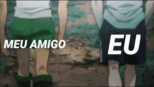 two anime characters are holding hands and the words meu amigo eu are above them